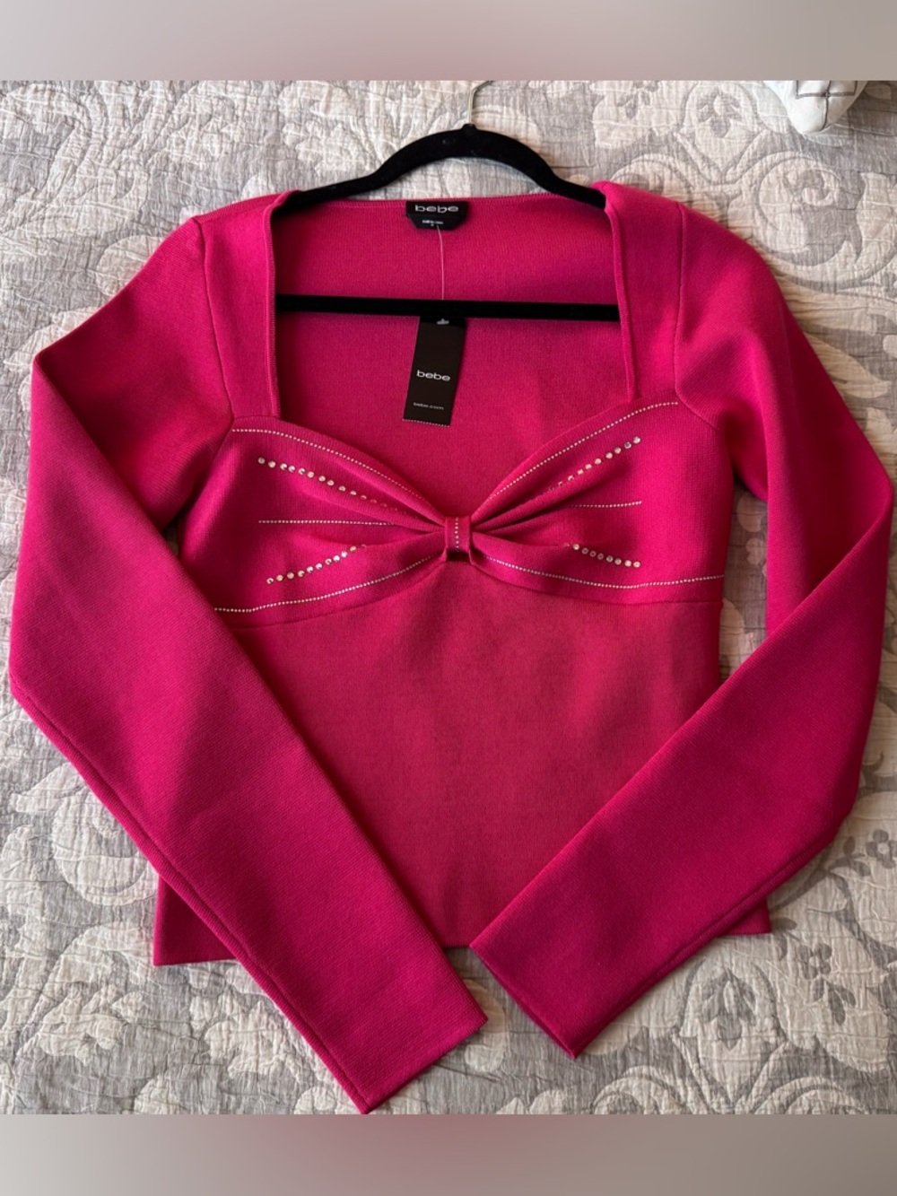 Bebe Hot Pink Long Sleeve Bow Front Top with Stud Accents